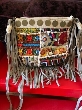 Antik Kraft bohemian festival Patchwork Fringe Crossbody Bag in Multicolor NWOT